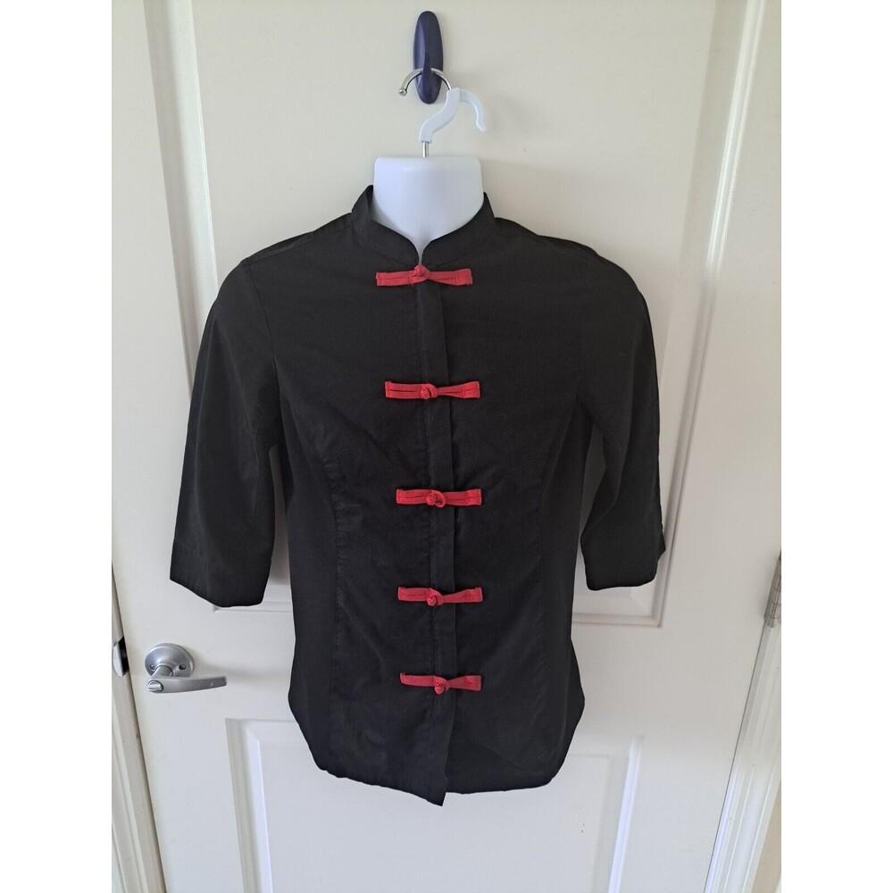 Chef Works Sushi Chef Unisex Shirt Black Red Bows 3/4 Sleeves Mock Neckline Sz S